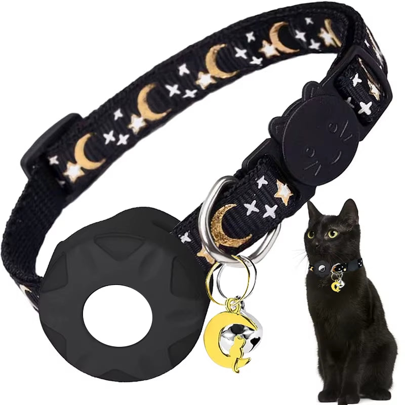 Apple Tag Pet Collar with Airtag Holder & Moon Ornament for Kitten Collar Girl Boy Cats, Small Dog Collar Kitten Accessories
