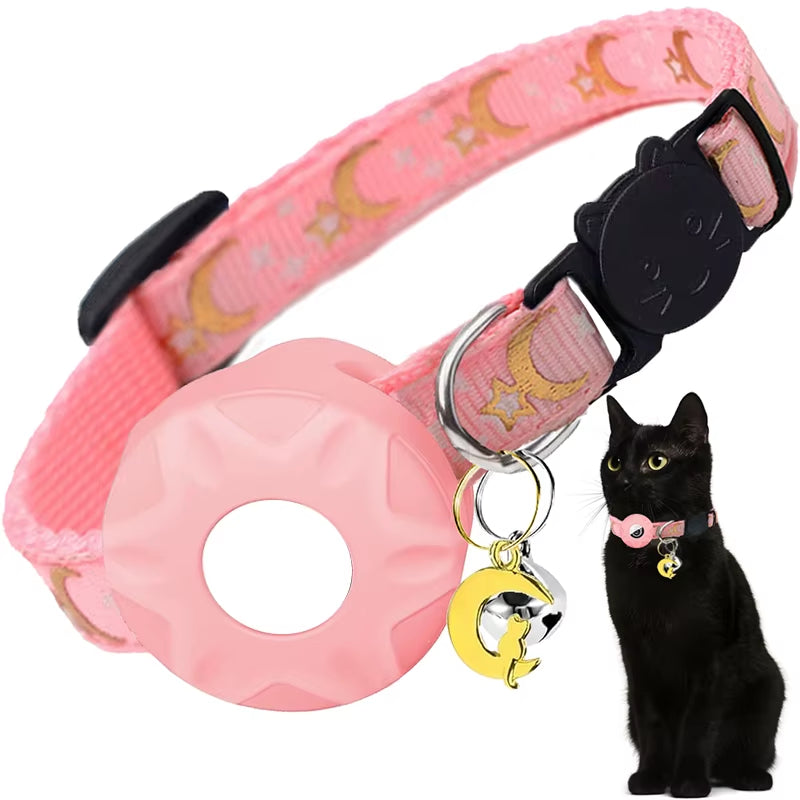 Apple Tag Pet Collar with Airtag Holder & Moon Ornament for Kitten Collar Girl Boy Cats, Small Dog Collar Kitten Accessories